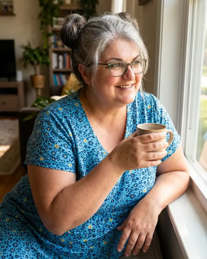 Radostina Niestroj, Heilpraktikerin für Psychotherapie in der Praxis für Gewichtspsychologie, mit einer Tasse am Fenster