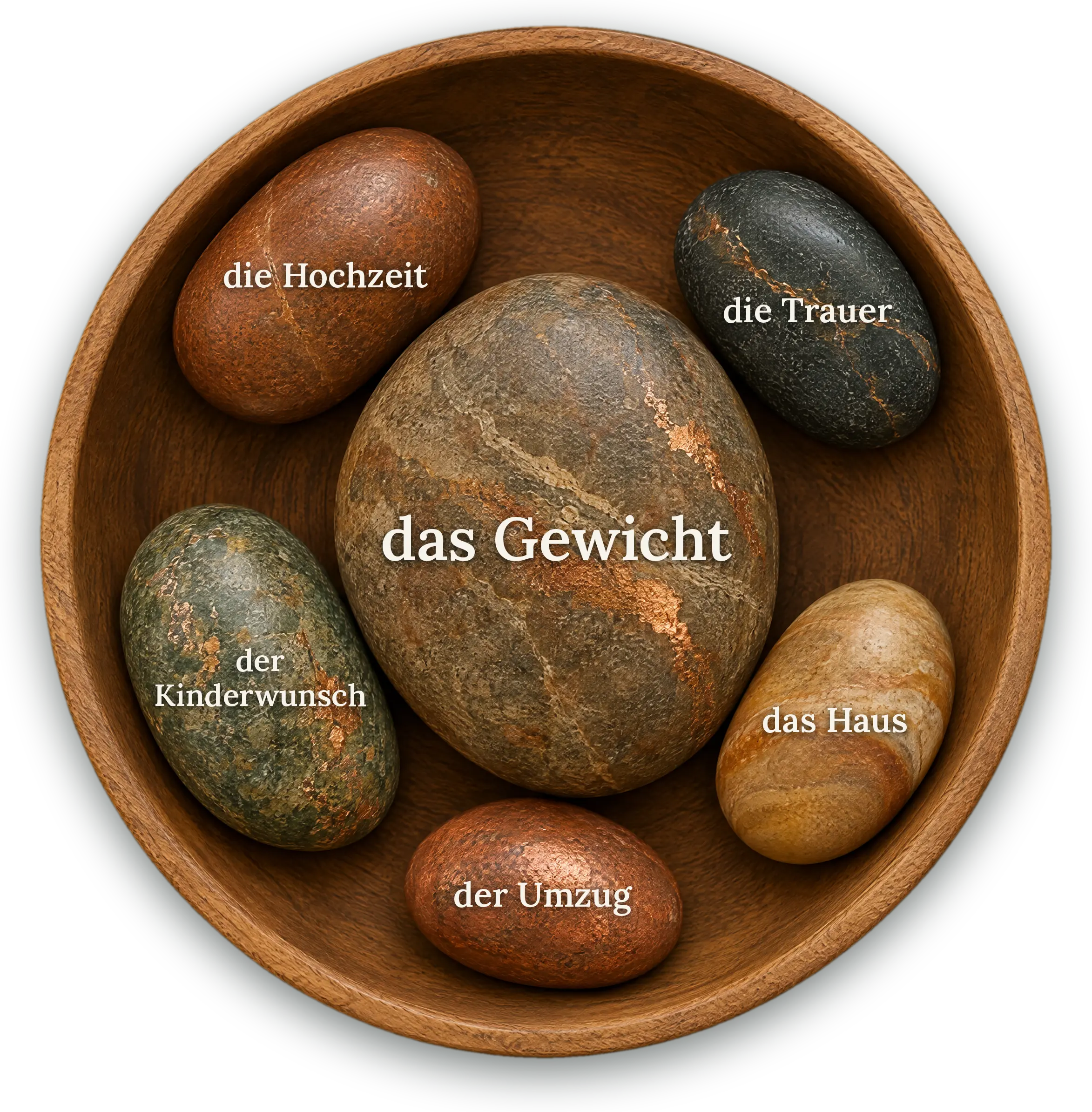 Holzschale mit sechs Steinen, die für seelische Lasten stehen. Auf dem großen Stein in der Mitte steht „das Gewicht“, um ihn herum liegen Steine mit den Worten die Trauer, die Hochzeit, der Kinderwunsch, das Haus und der Umzug.